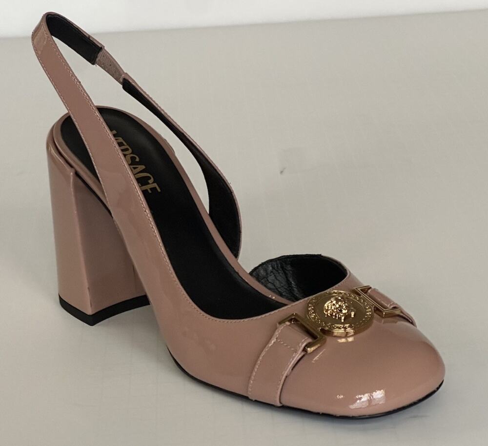 Versace Medusa Head Sling Back Patent Leather Nude Shoes 8 US 1014618 NIBWD
